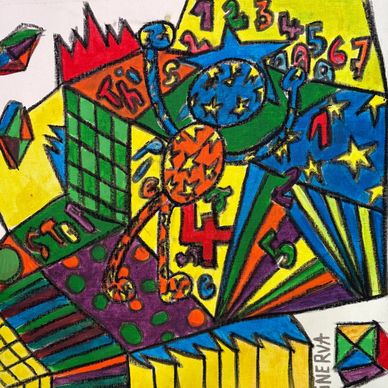 Colorful abstract artwork featuring geometric shapes, numbers, and figures in vibrant hues.