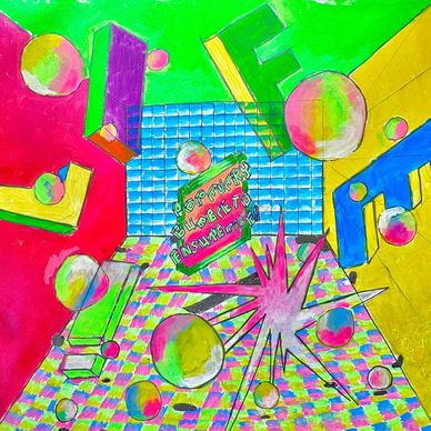 Colorful abstract artwork with geometric shapes and floating spheres.