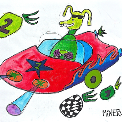 A green dog driving a red race car with the number 1 and flames.