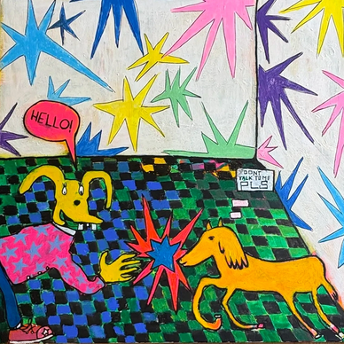 Colorful cartoon scene with a character greeting a dog in a starry room.