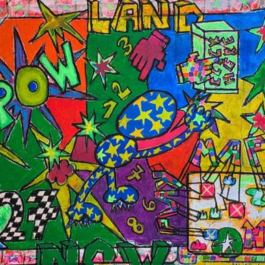 Colorful comic-style art with words like POW, LAND, and NOW in a vibrant explosion of shapes.
