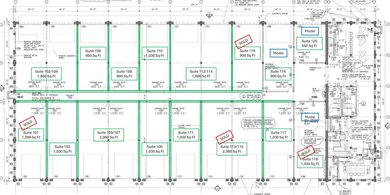 Floor plan with suite numbers and sizes including sold units.
