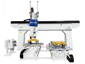 Industrial automation machine with dual platforms and robotic arm.
