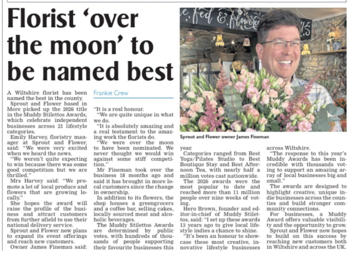 Florist named best in county at 2026 Muddy Stilettos Awards.