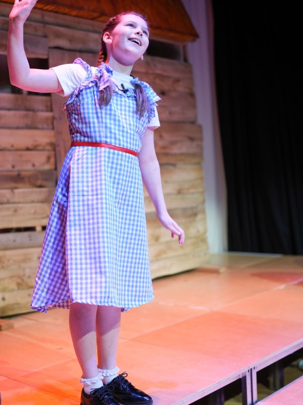 Young girl in a blue gingham dress performing on stage.