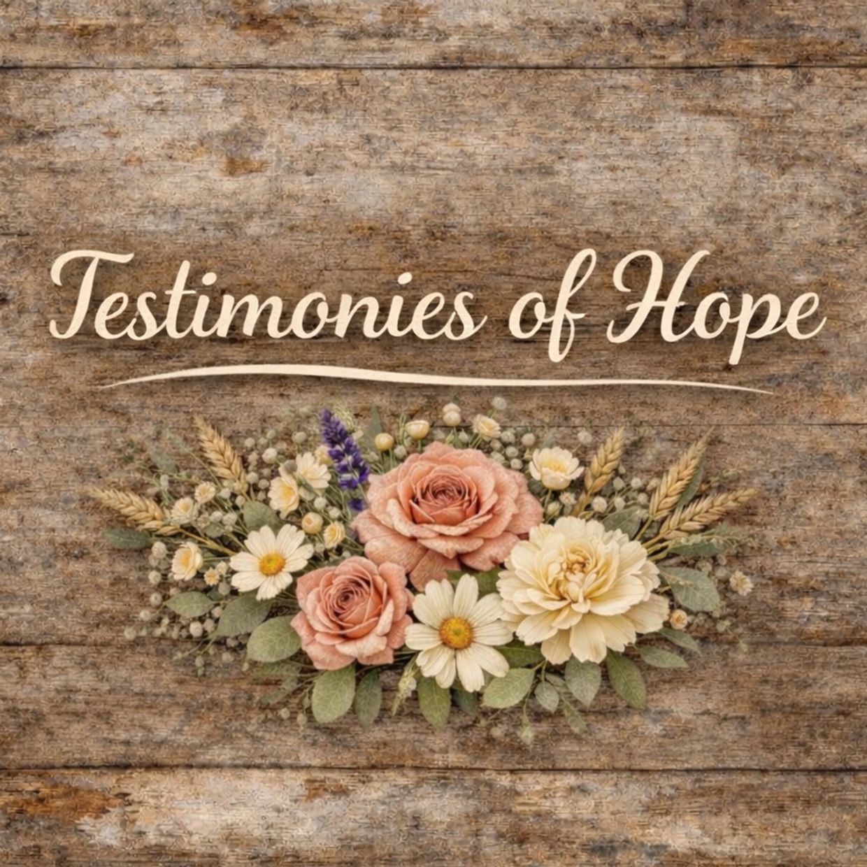 Rustic wooden background with floral arrangement and 'Testimonies of Hope' text.