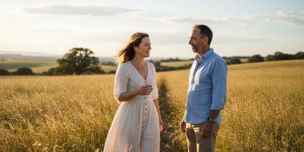 Couple talking in a golden field at sunset.