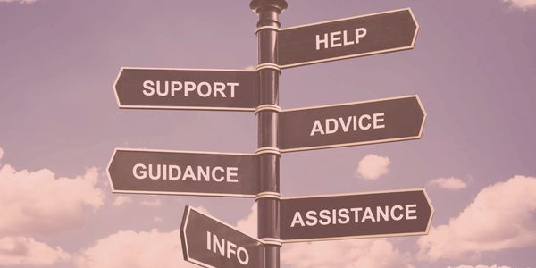 Signpost with directions for help, support, advice, guidance, assistance, and info.