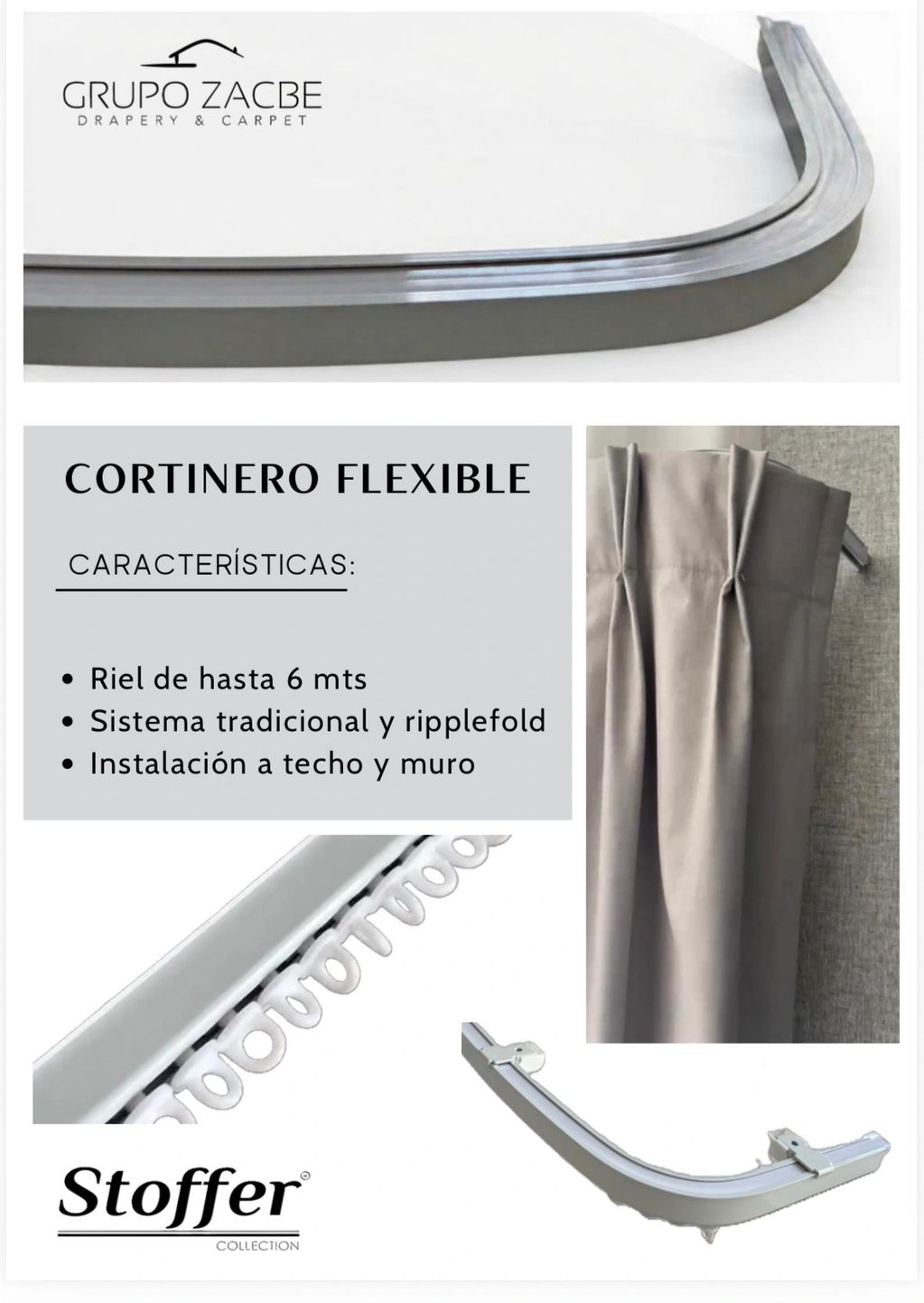 Cortinero flexible de hasta 6 metros con sistema tradicional y ripplefold.
