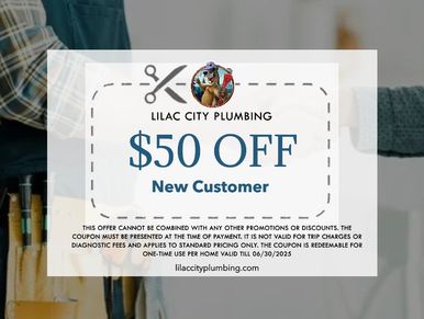 plumber and customer shaking hands in the background. coupon: $50 off new customer 