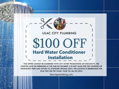 running shower in the background. Offer: $100 off hard water conditioner installation
