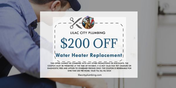 Tech inspecting water heater in the background. Flayer: $200 off water heater replacement