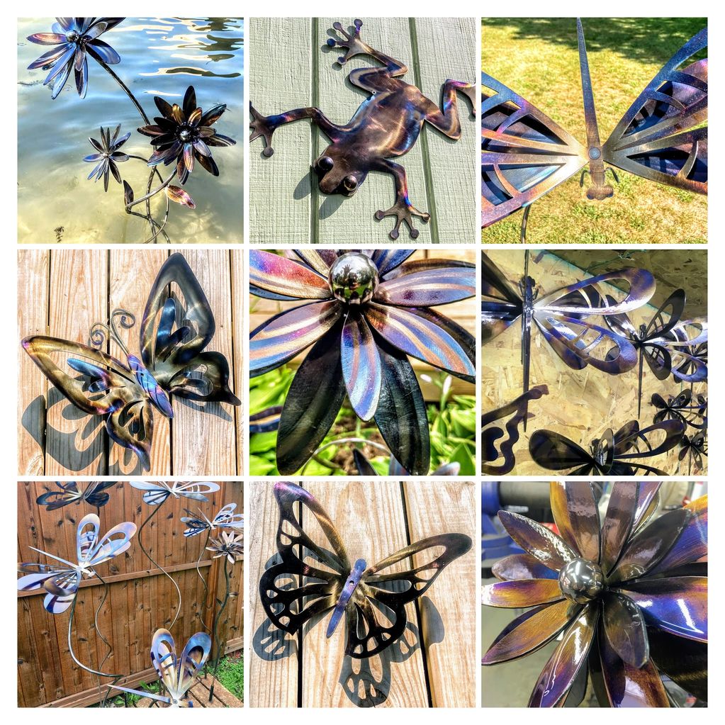 Steel butterflies, dragonflies, frogs, flowers.