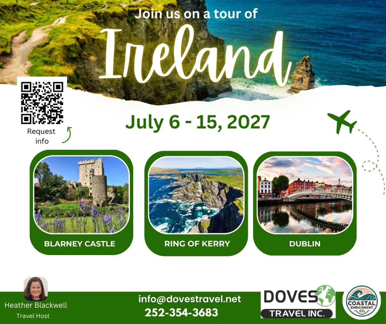 Travel tour of Ireland featuring Blarney Castle, Ring of Kerry, and Dublin from July 6-15, 2027.