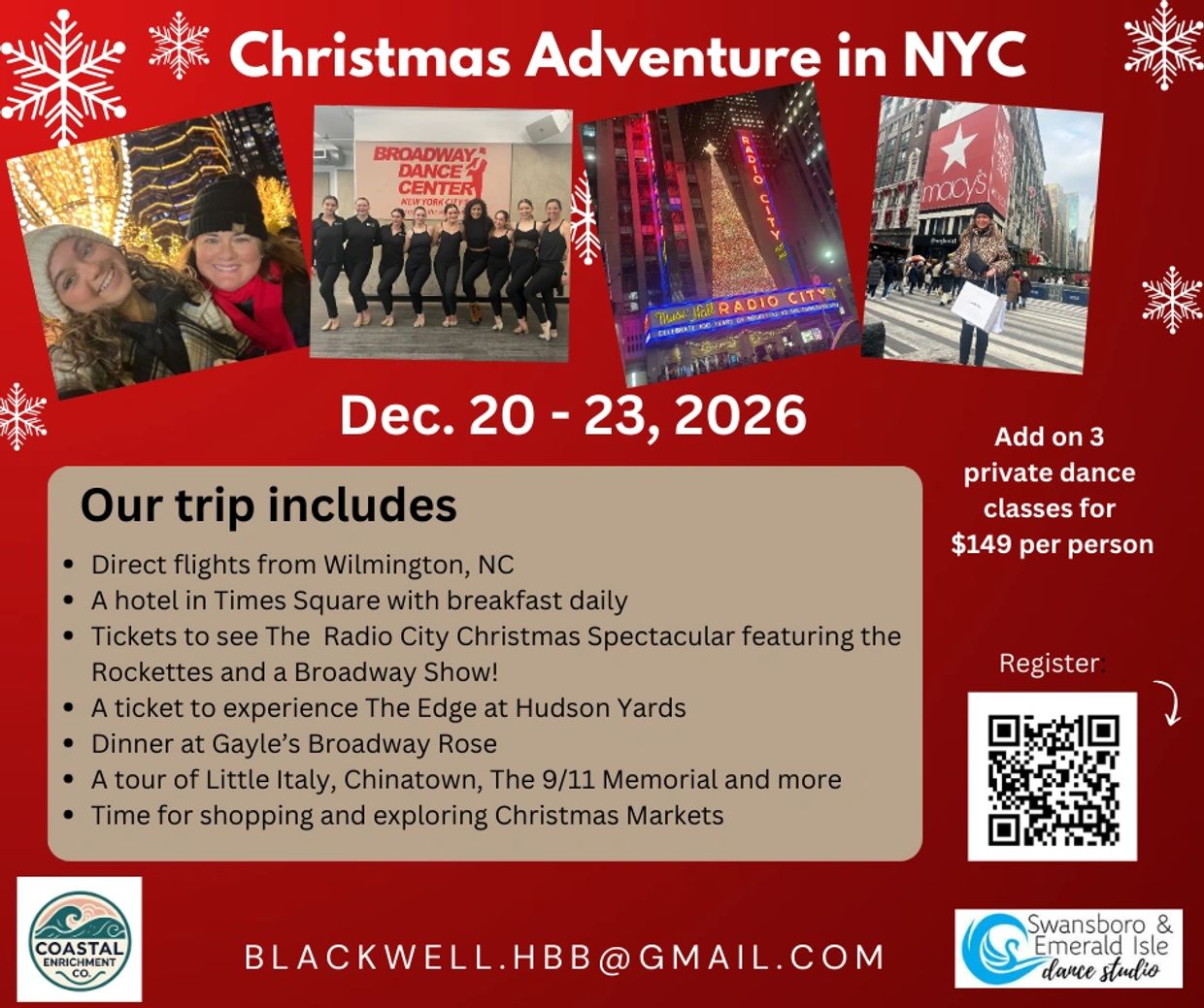 Christmas Adventure in NYC with flights, hotel, shows, tours, and shopping from Dec 20-23, 2026.