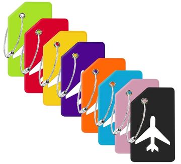 Colorful luggage tags with airplane symbols and attached metal chains.