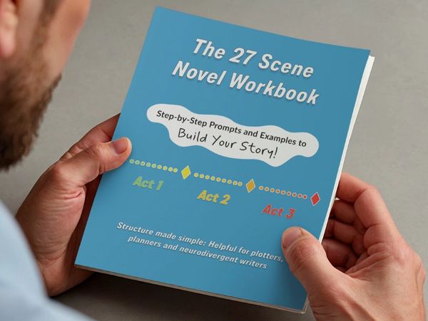 A person holds a workbook titled 'The 27 Scene Novel Workbook' focused on story building.