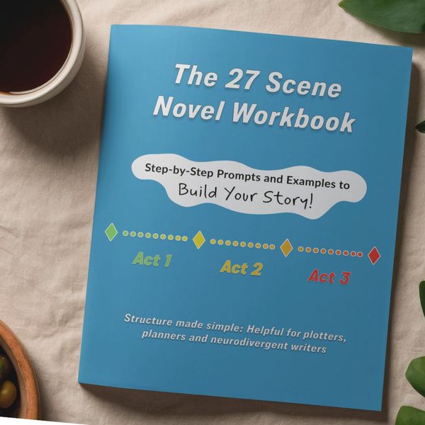 A blue novel workbook with step-by-step prompts for building stories.