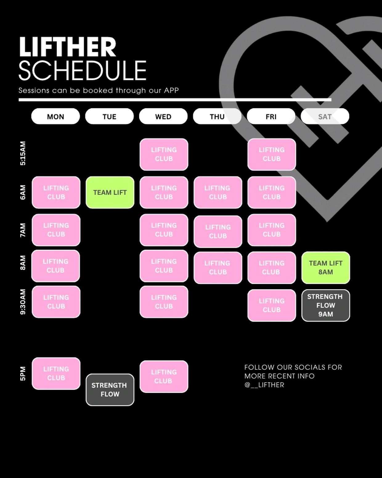 Weekly lifter schedule with lifting club, team lift, and strength flow sessions.