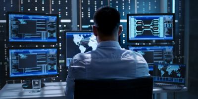 Man monitoring multiple computer screens with data and maps in a control room.