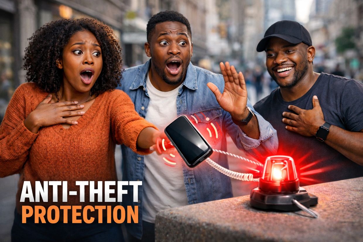 Three shocked people react to a phone triggering an anti-theft alarm on a city street.