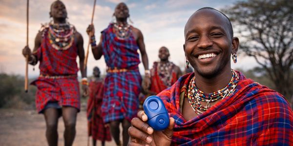 Smiling Maasai man holding a blue device with others jumping in the background.