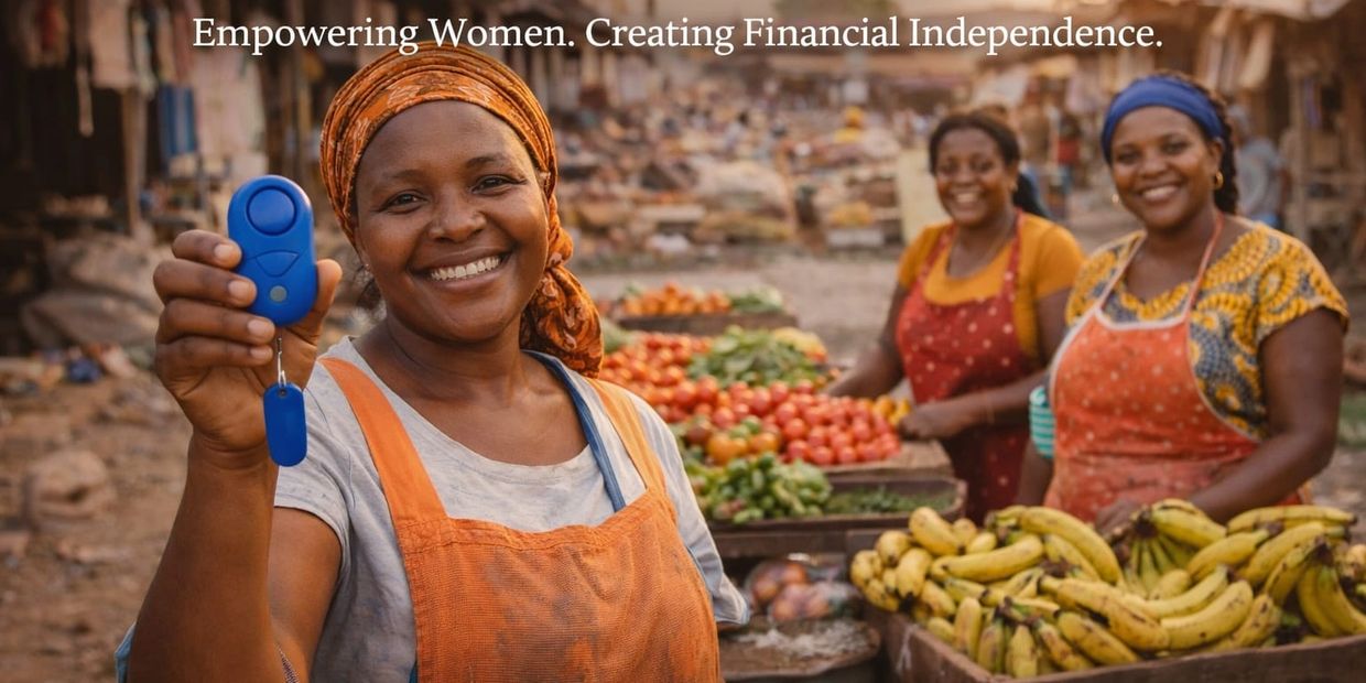 Smiling women vendors at a market promoting financial independence.