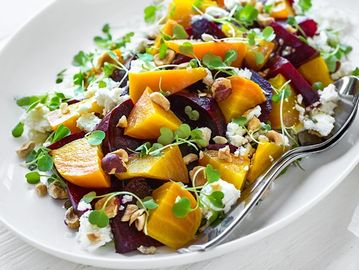 Roasted Red and Yellow Beets, micro greens , Feta or Goat cheese