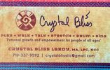 Business card of Crystal Bliss LLC, "Play, Walk, Talk, Stretch, Drum, Sing" - Personal growth and em