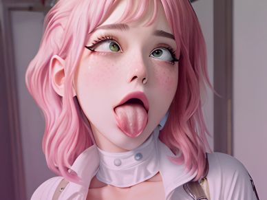 A pink-haired animated character making a playful face with tongue out.