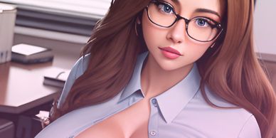 Beautiful brunette secretary with enormous breasts