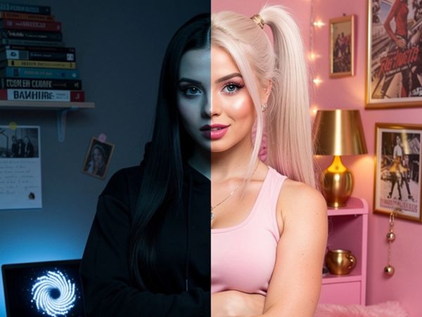 Split image showing a woman with dark, moody side and bright, colorful side.