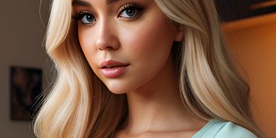 Blonde woman in eyeing the camera knowingly.