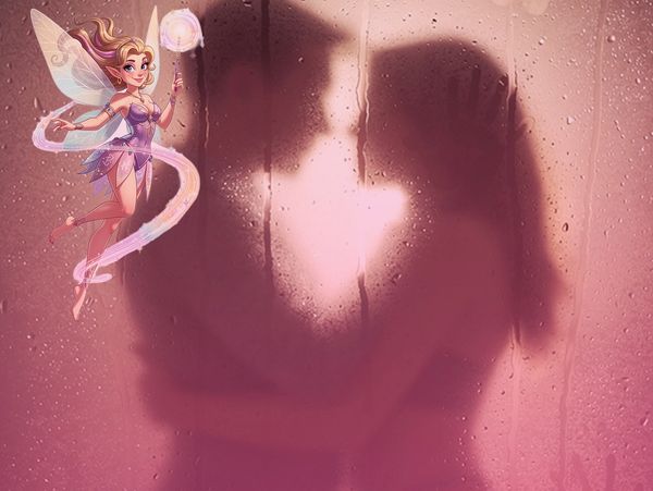 Silhouetted couple embracing behind a rain-speckled glass window with a cartoon fairy overlay.