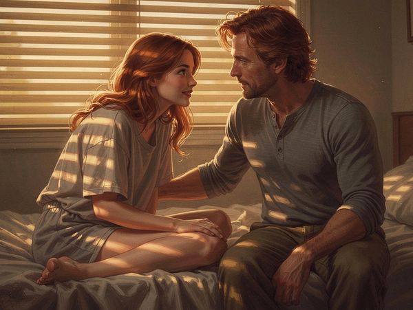 A couple shares an intimate moment bathed in warm sunlight on a bed.