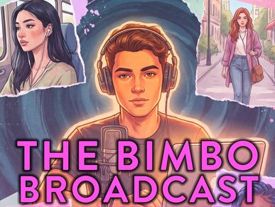 Illustration of a podcast host with headphones and microphone, surrounded by two women, titled 'The Bimbo Broadcast'.