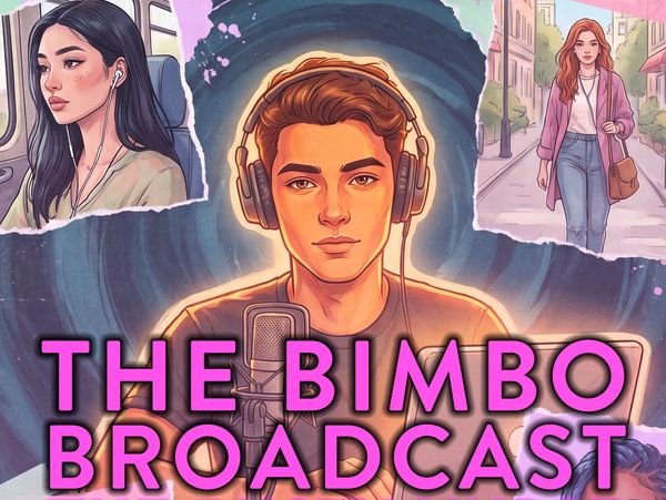 Illustration of a podcast host with headphones and microphone, surrounded by two women, titled 'The Bimbo Broadcast'.