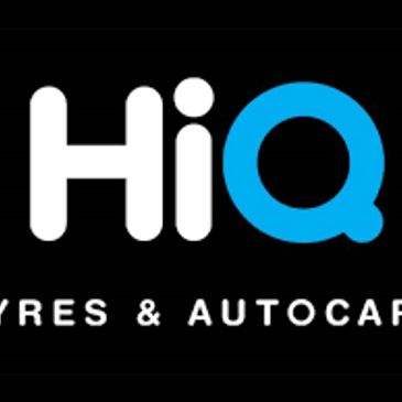 HiQ logo with black background and white and blue text.