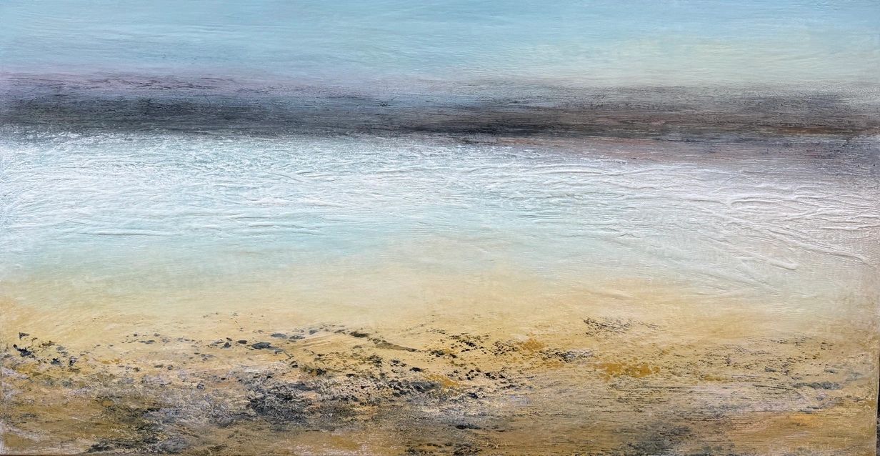 large atmospheric seascape painting, with highly textured sea spray and waves