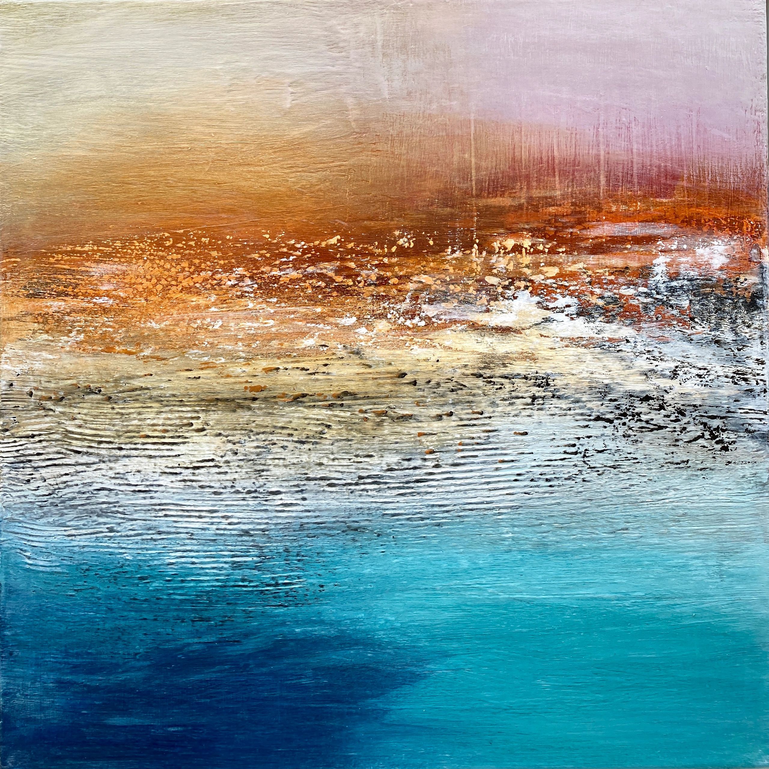 a colourful painting of the sunset with glowing orange and lots of textures 