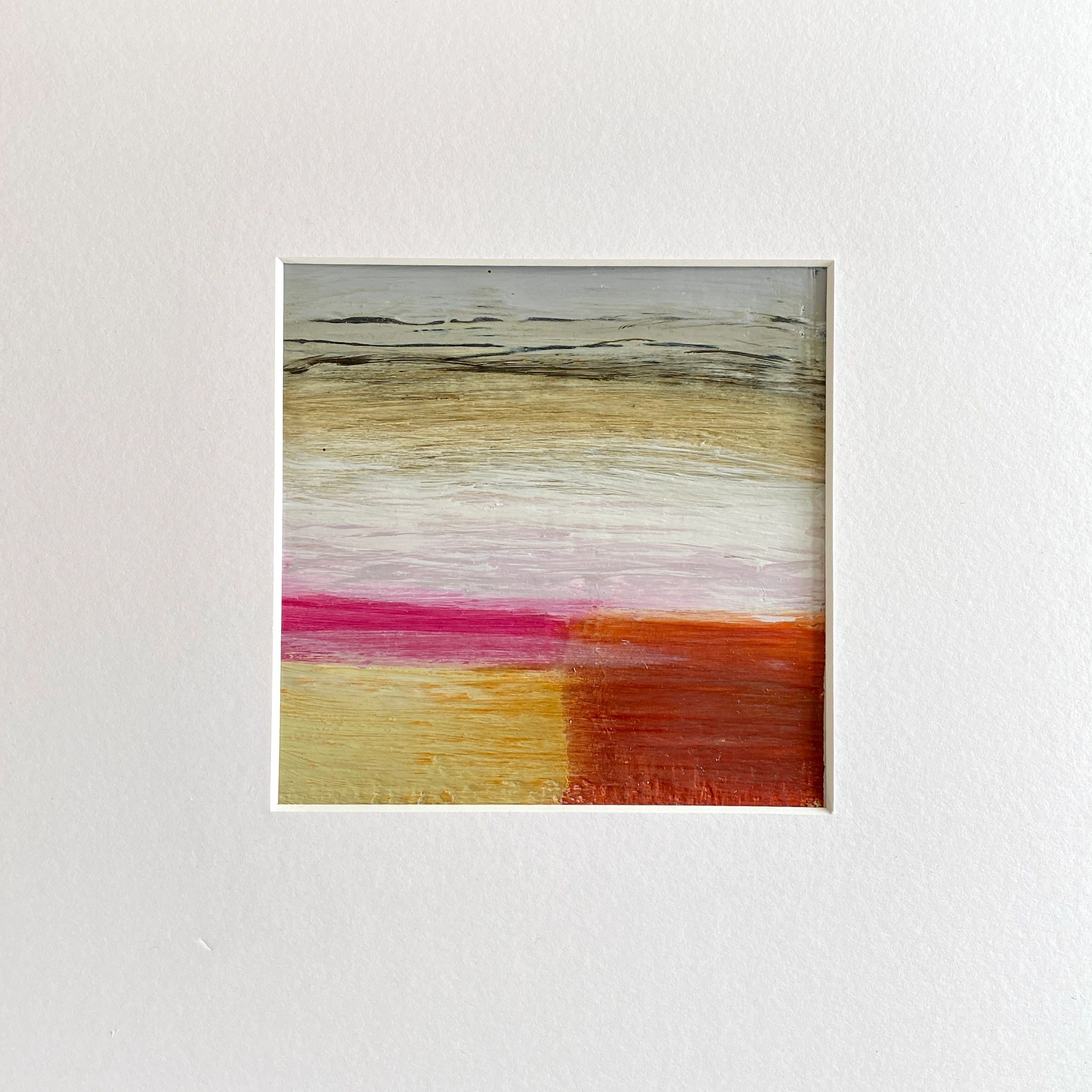 a small colourful painting with pinks and sandy yellow