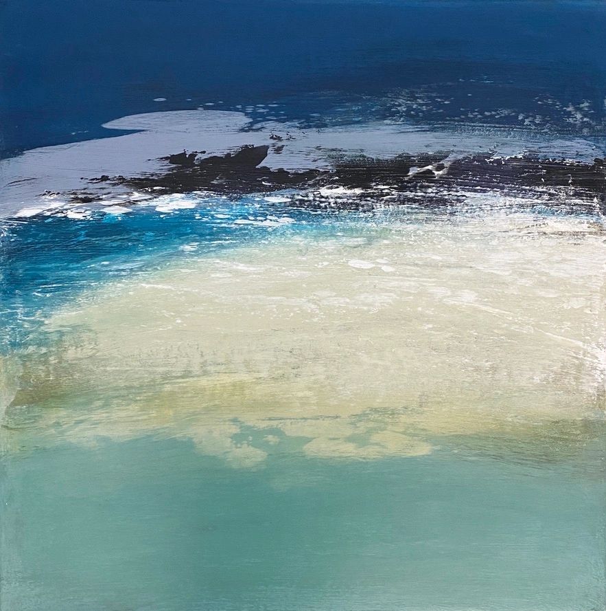 A beautiful sea inspired, expressive painting with the colours of the coastline, dark blue sky 