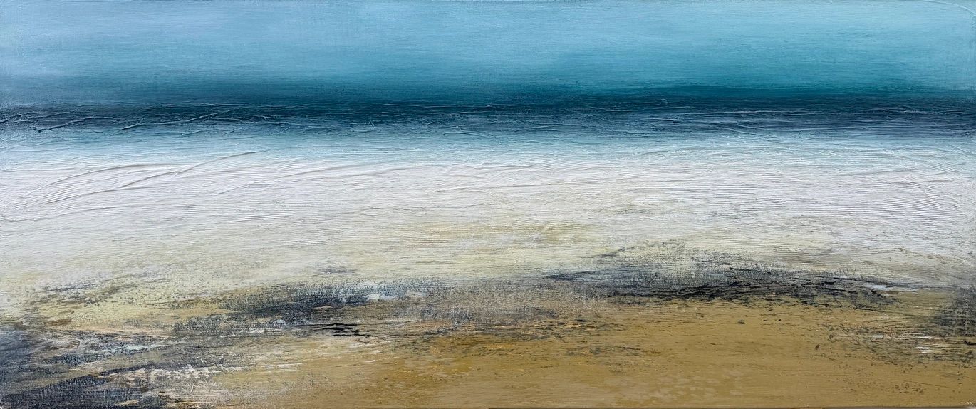 horizontal seascape painting with ochre foreground and misty horizon