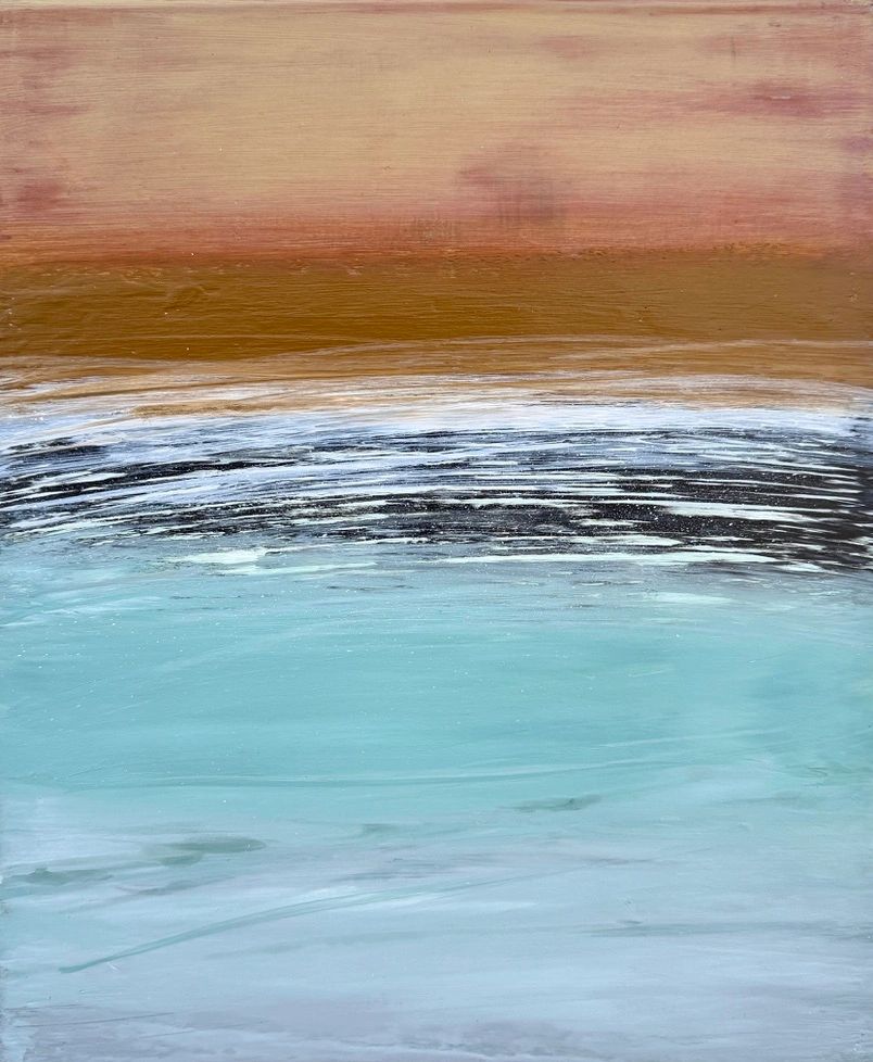 a small painting with orange sunset and black & white waves in the centre