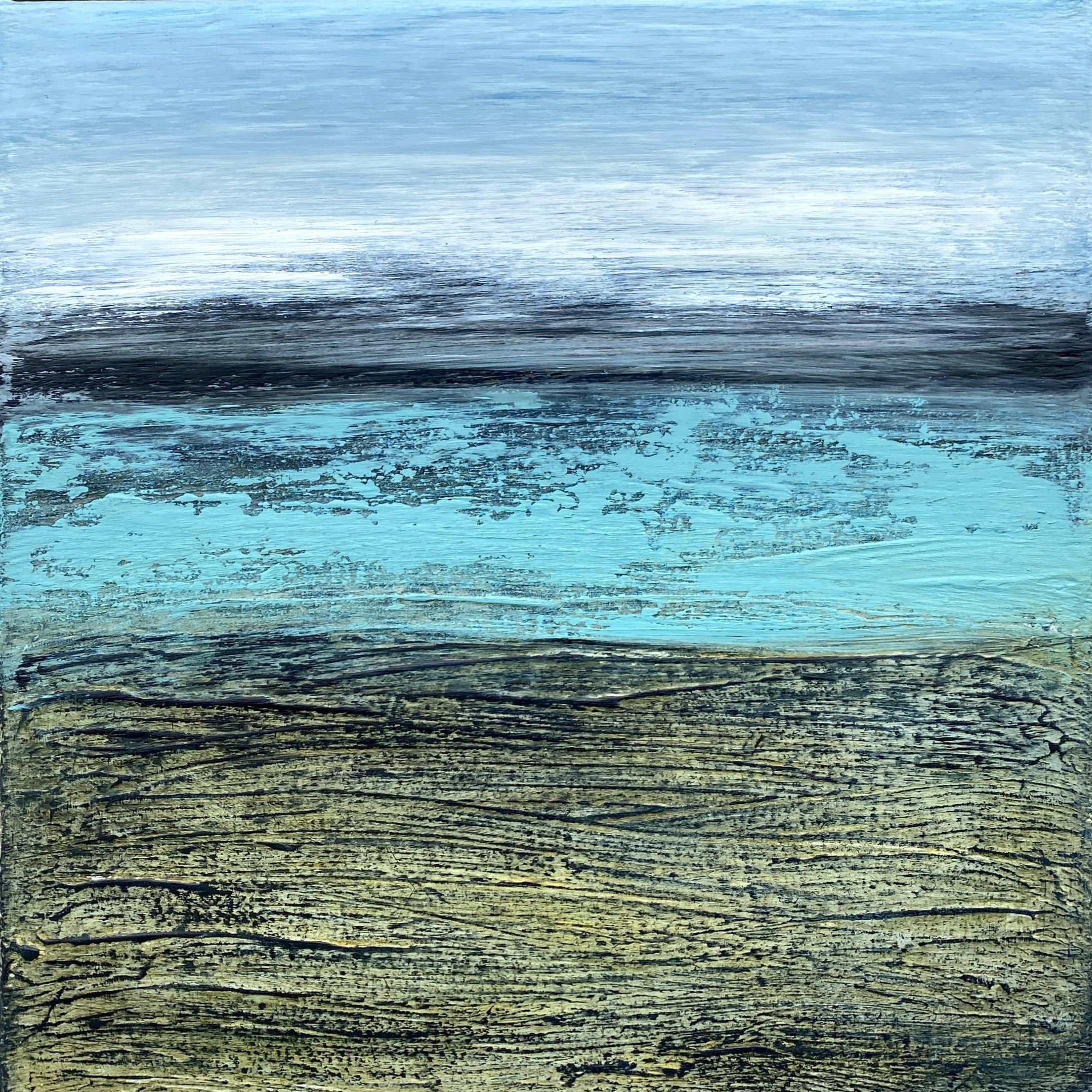 square painting of the sea, with texture and Cornish colours, greens and blues