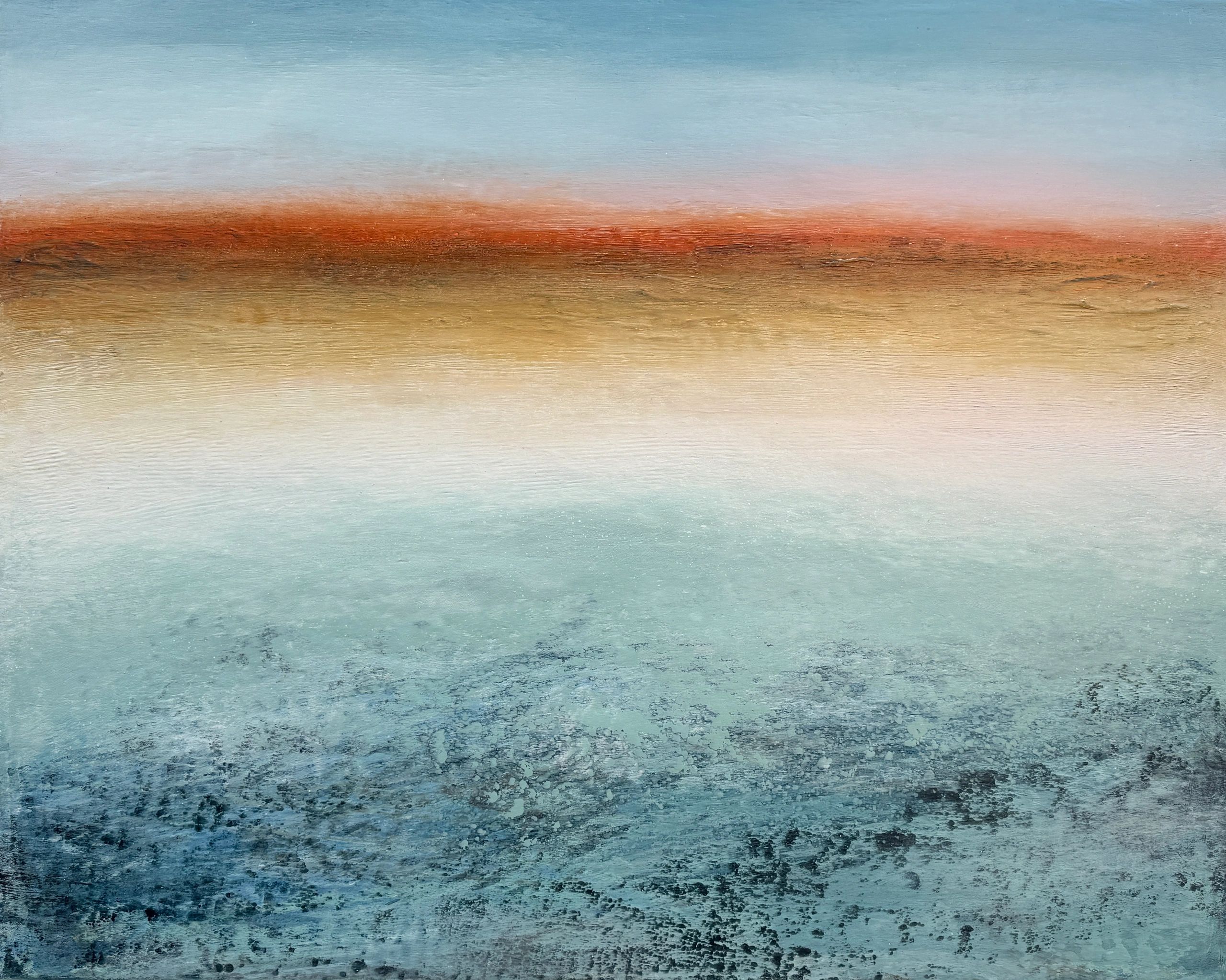 a painting of sea and sunset, with a beautiful striking orange on the horizon