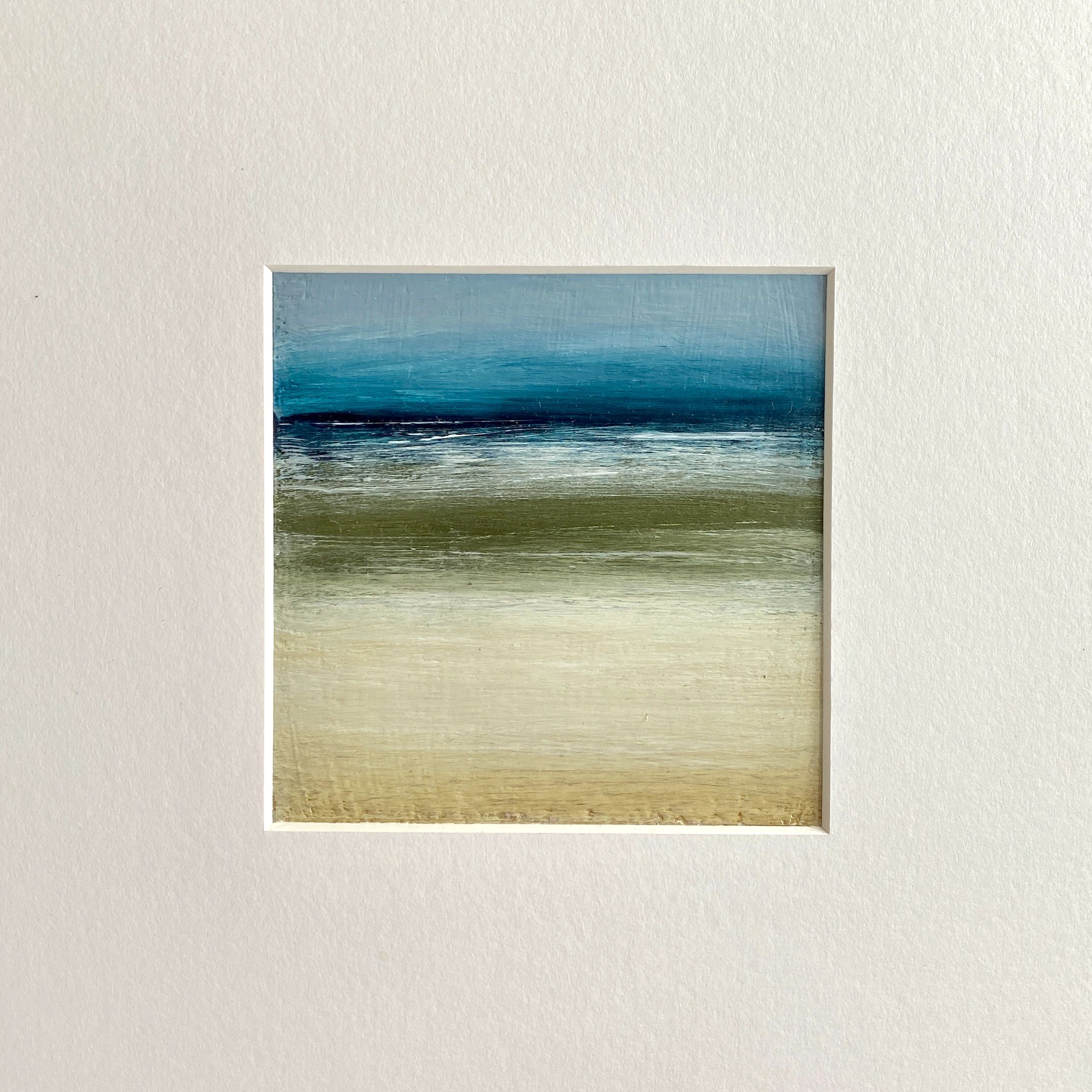small painting on paper, distant horizon and reflections of the sandy shore