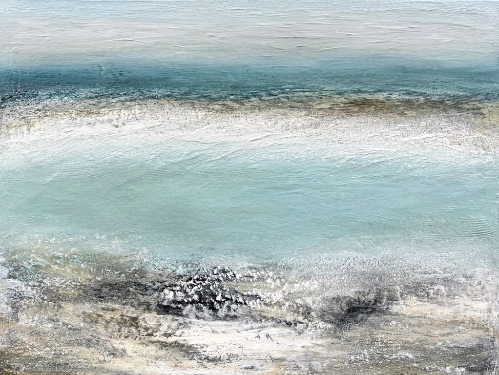 an atmospheric painting of a misty shoreline with an aquamarine sea and spray