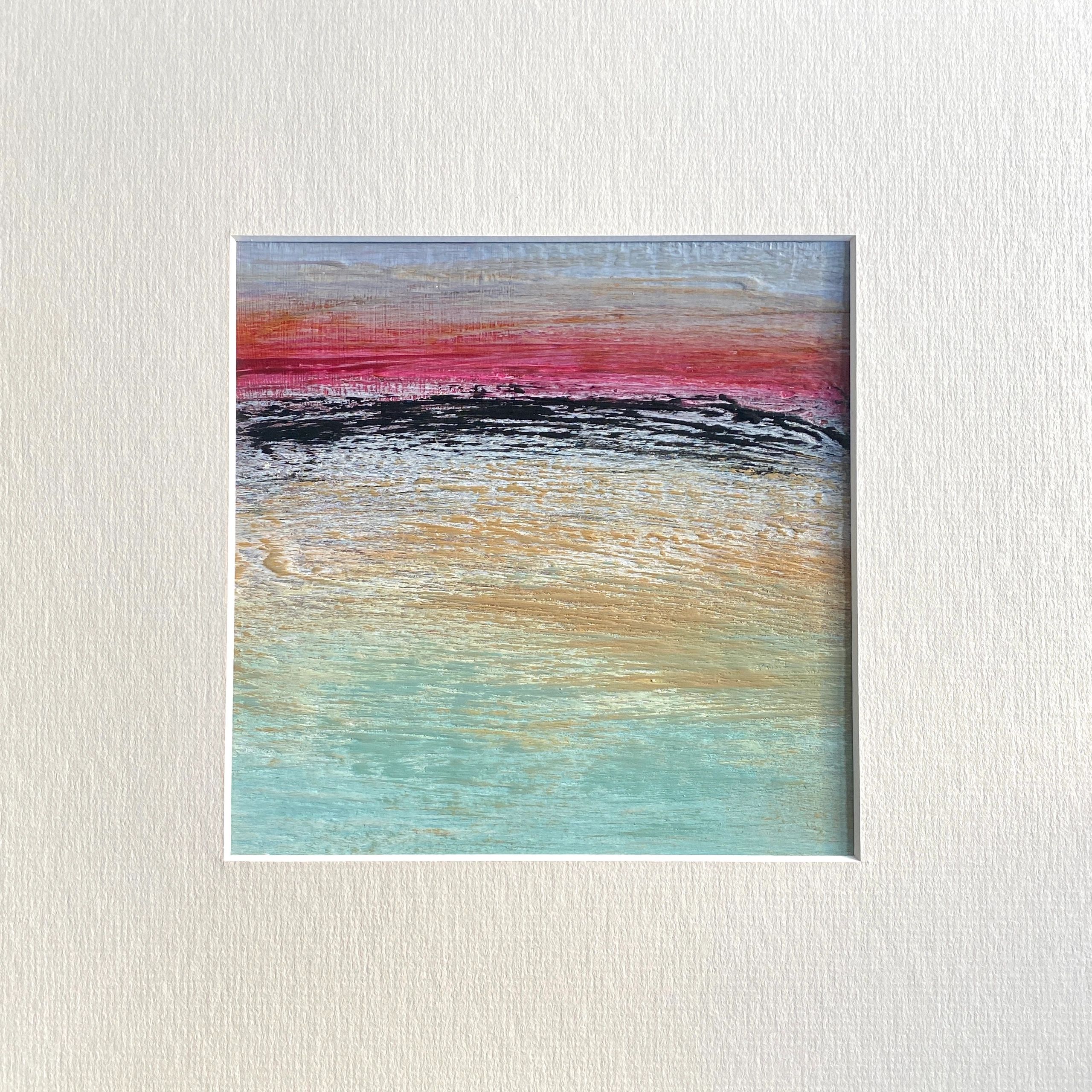 A pink sunset painting of the sea on paper 