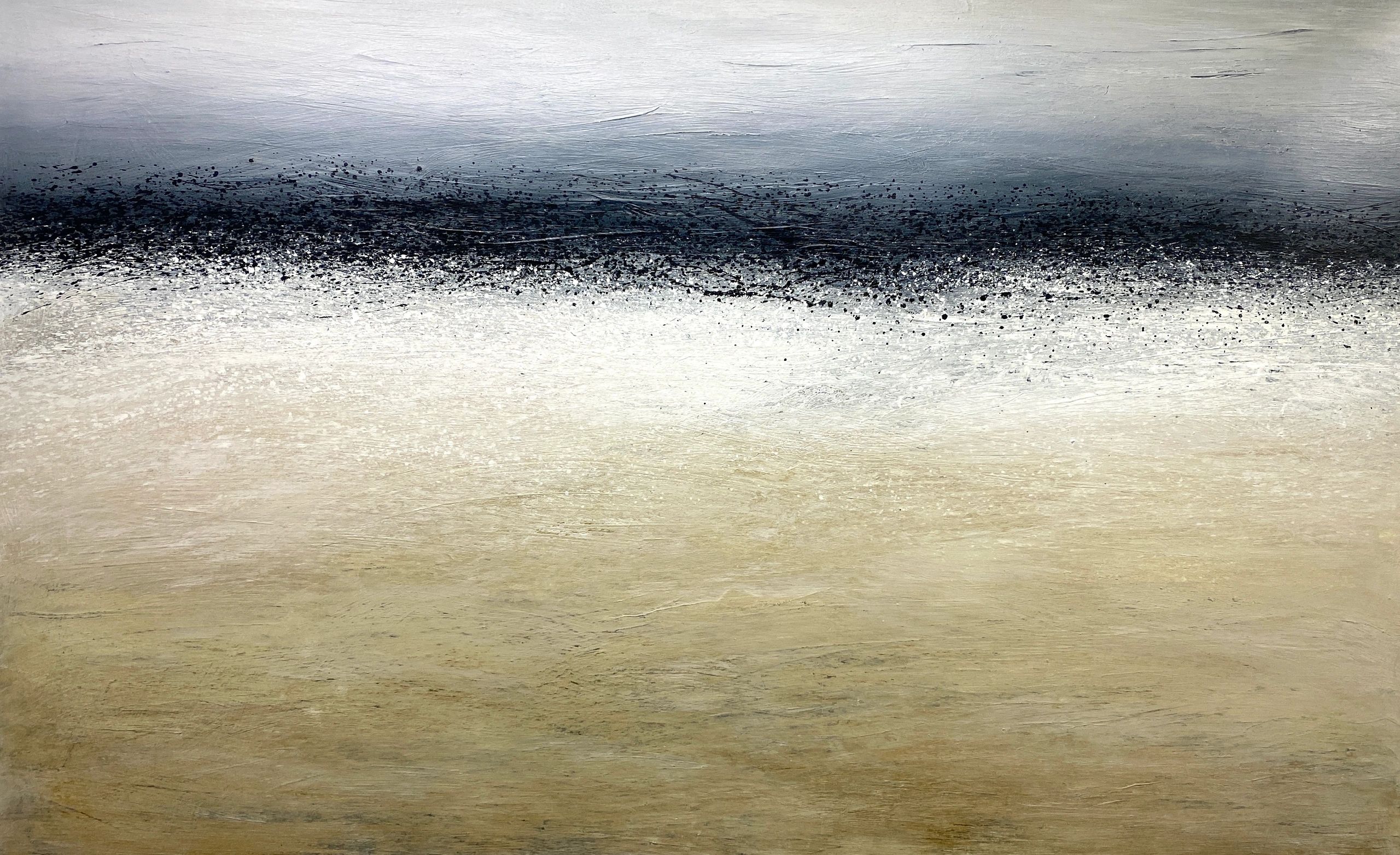 a large scale atmospheric, emotional painting about the sea and seaspray, sandy textures and a grey 